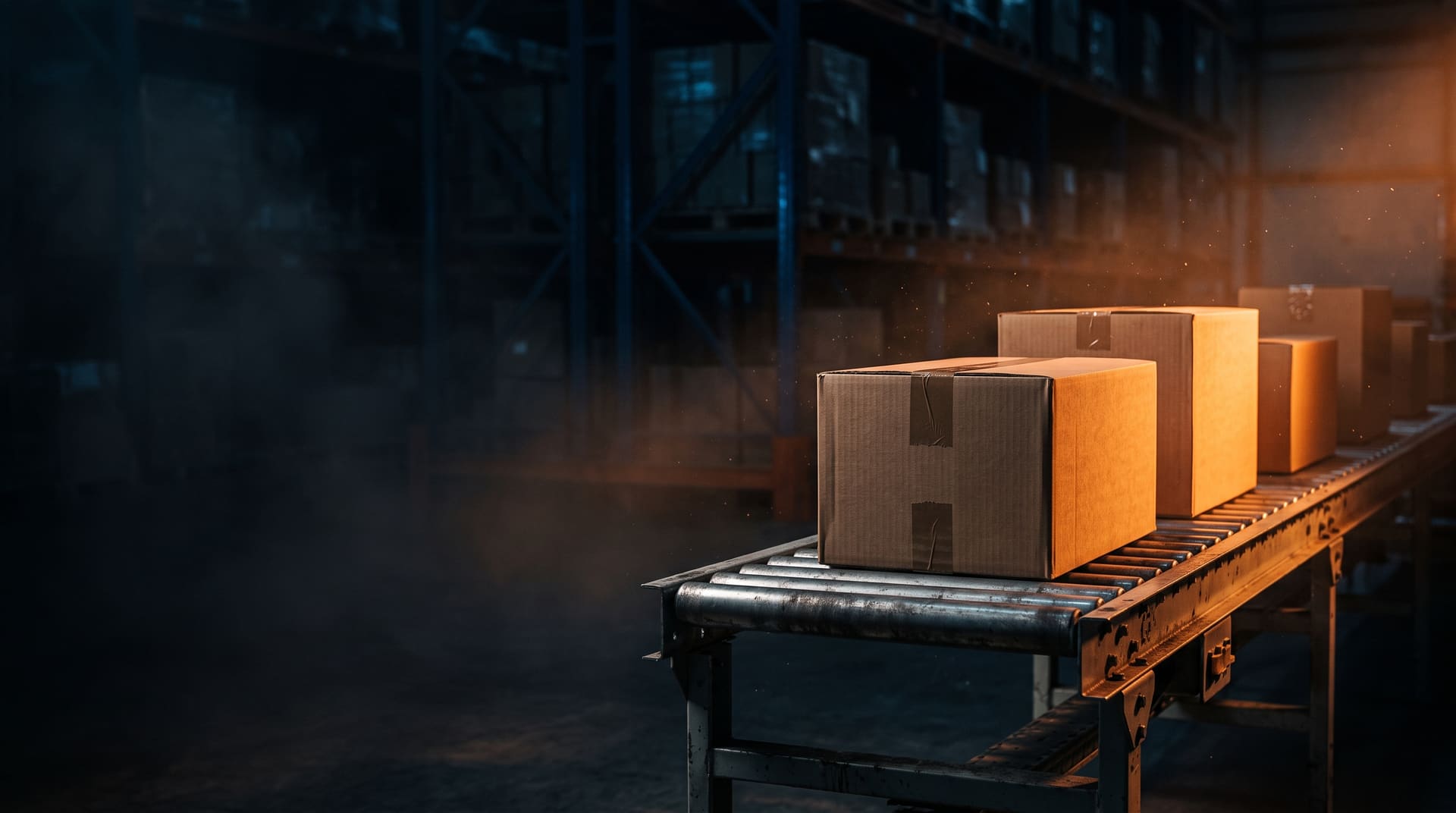Plain sealed shipping cartons moving along a conveyor belt in a dark warehouse, lit with deep blue shadows and a warm orange rim light, with empty dark space on the left.